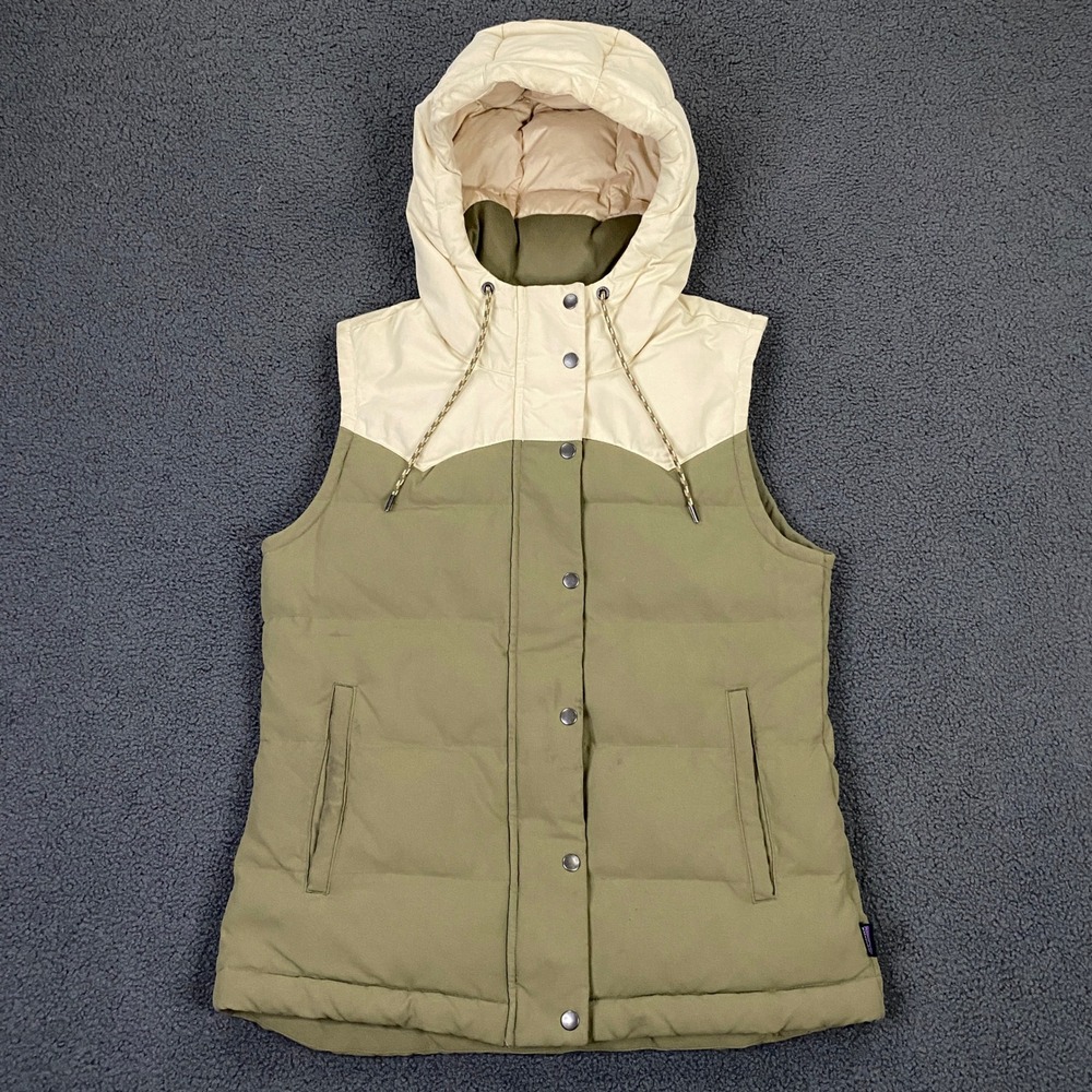 Patagonia Bivy Hooded Vest Womens Medium Olive Cream Down Puffer Winter 27746